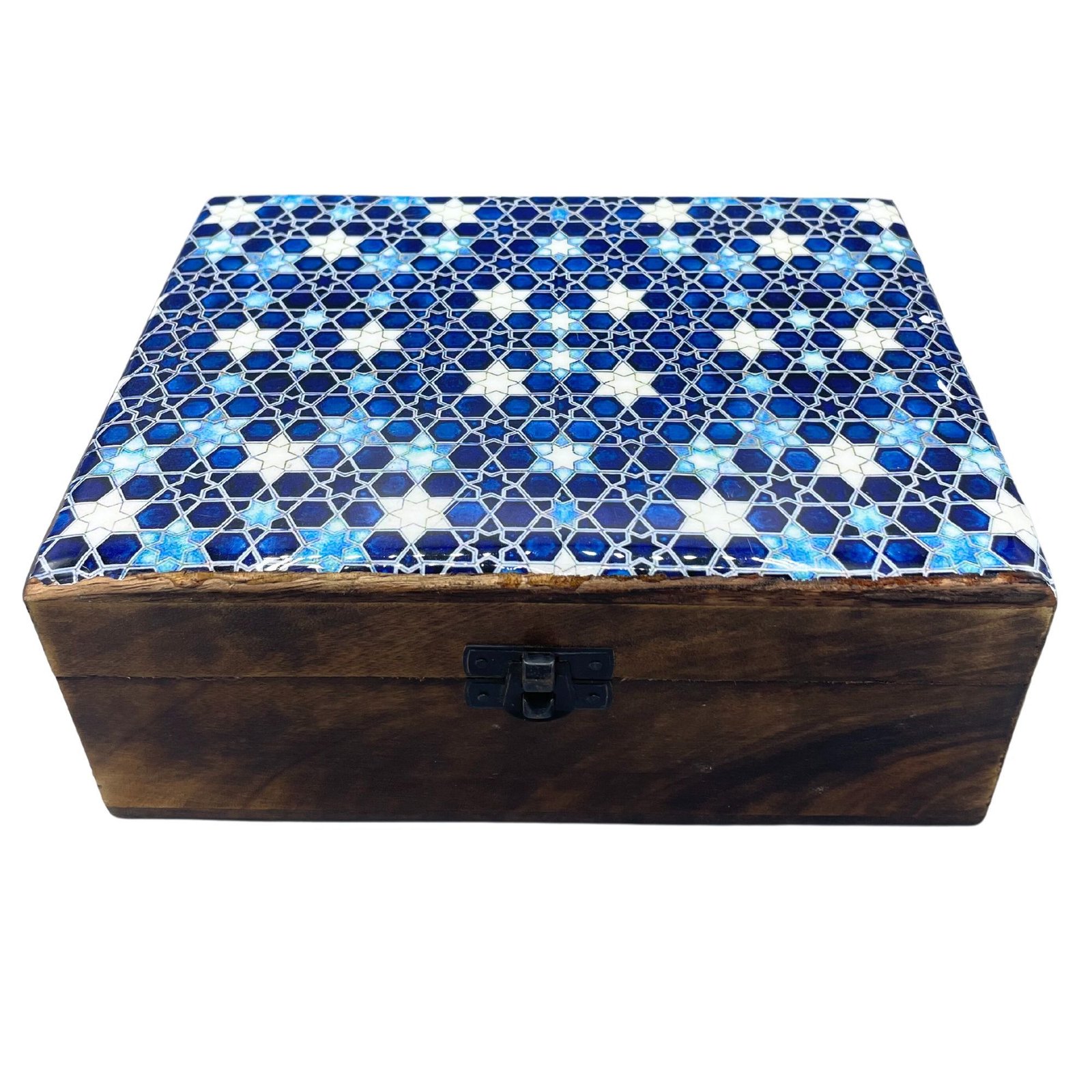 Stor Keramikglaseret Træboks - 20x15x7.5cm - Blå Stjerner