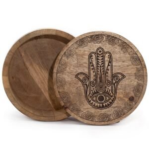 Stor Rund Æske 17.5x7.5cm - Hamsa Sort Graveret