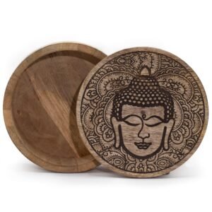 Stor Rund Æske 17.5x7.5cm - Buddha Ansigt Sort Graveret