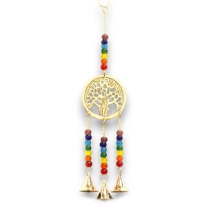Indiske Klokkespil - Messing Livets Træ med Chakra Perler - 3 Klokker - 6.5x31cm