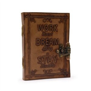 Læder-journal med ulinjeret papir – Work & Dream Big (7x5") – Lysebrun