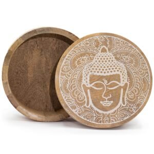 Stor Rund Æske 17.5x7.5cm - Buddha Ansigt Whitewash