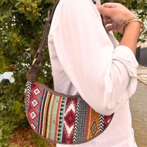 Jacquard hobo-taske - Rige brune toner (brun rem)