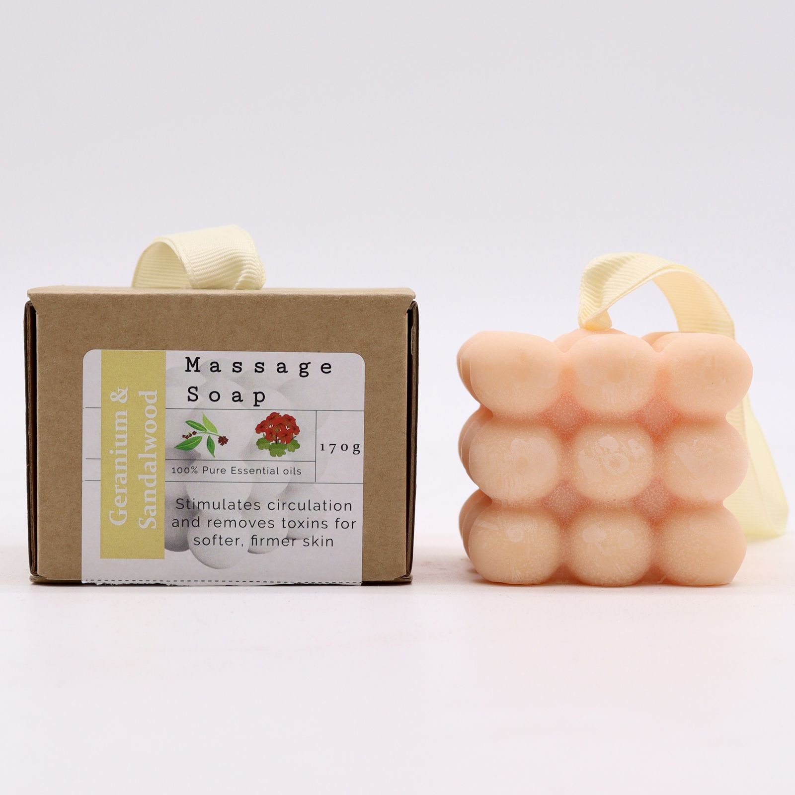 Massagesæbe med snor i æske – Geranium & Sandalwood